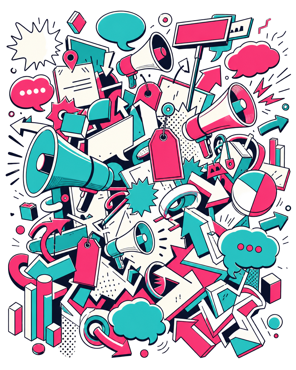 Colorful line-art illustration of overlapping megaphones, signs, speech bubbles and arrows representing marketplace noise